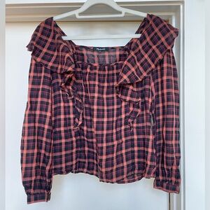 Madewell red plaid ruffle square-neck blouse. xxs-xs